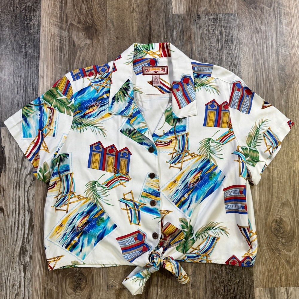Caribbean Joe Cabana Beach Chair Crop Tie Hawaiian‎ Top Women XL White Tropical